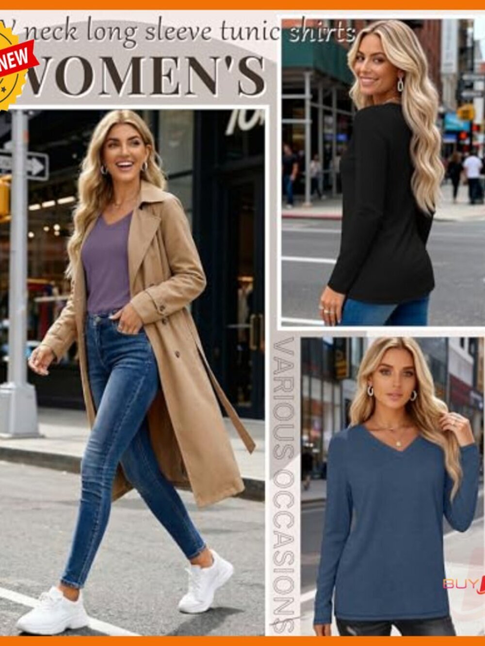 5 Pack Women's Long Sleeve V-Neck Tees, Loose Fit Basic Tops, Polyester Cotton - Picture 2 of 7